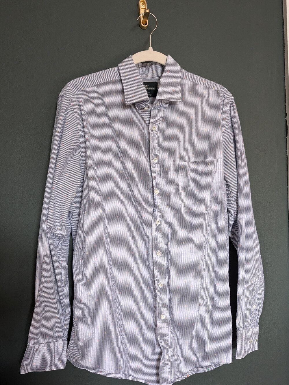 Rodd & Gunn Blue and White Pinstripe Dress Shirt With Colorful Dot Accents